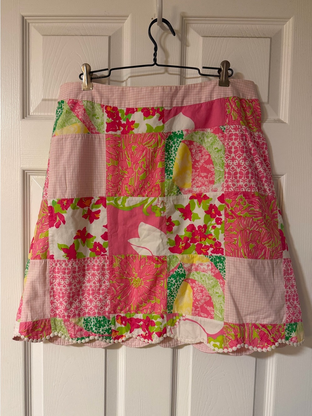 Lilly Pulitzer Patchwork Skirt with Scalloped Trim and White Lace Pocket